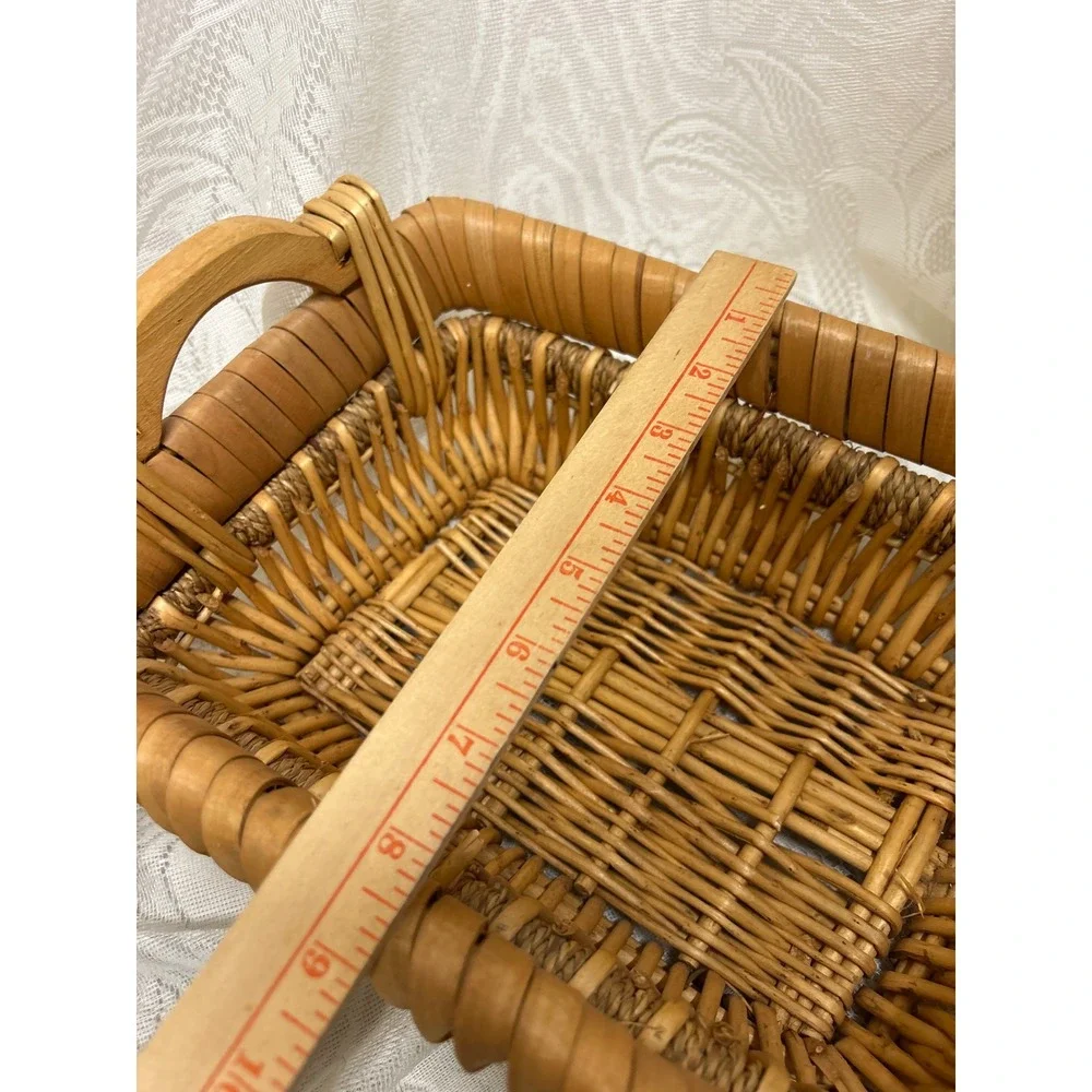 Vintage Woven Wicker Basket Set Round Rope Handle‎ and Rectangular Wood Handle
